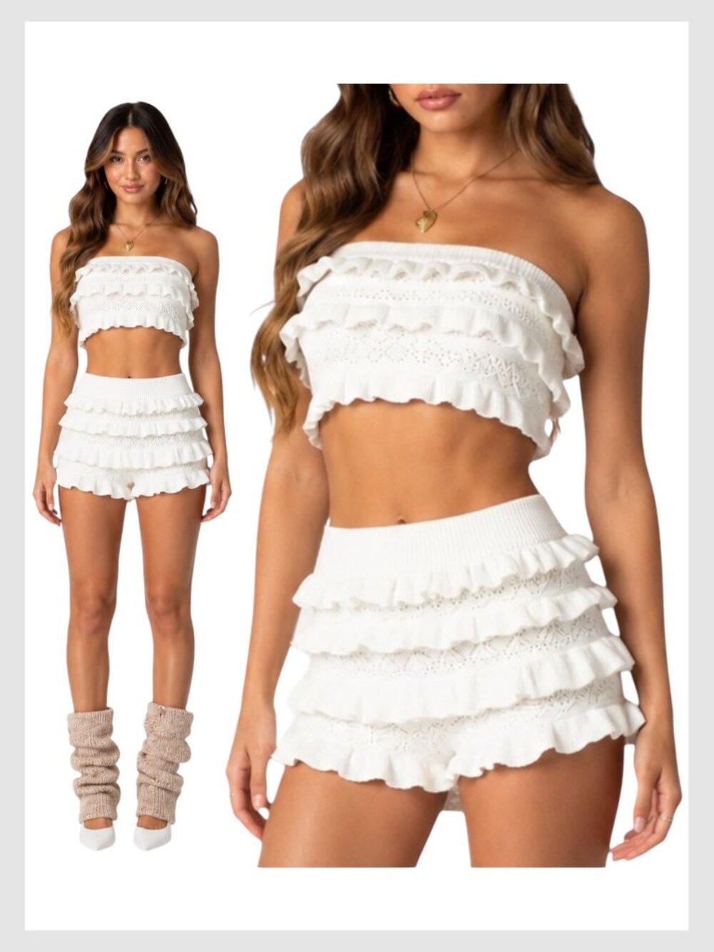 Edikted Lindsay Knit Ruffle Tube Top & Bloomer Shorts Set White M/L